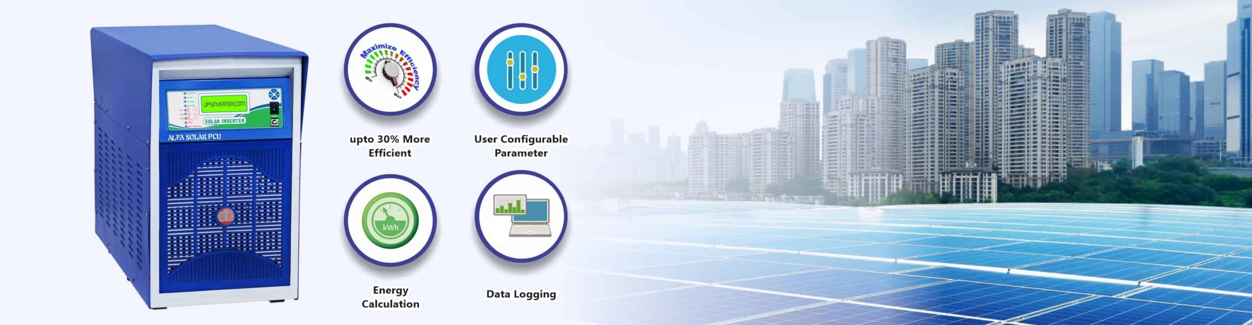 A blue alfa plus solar inverter in front of commercial buildings and solar panels