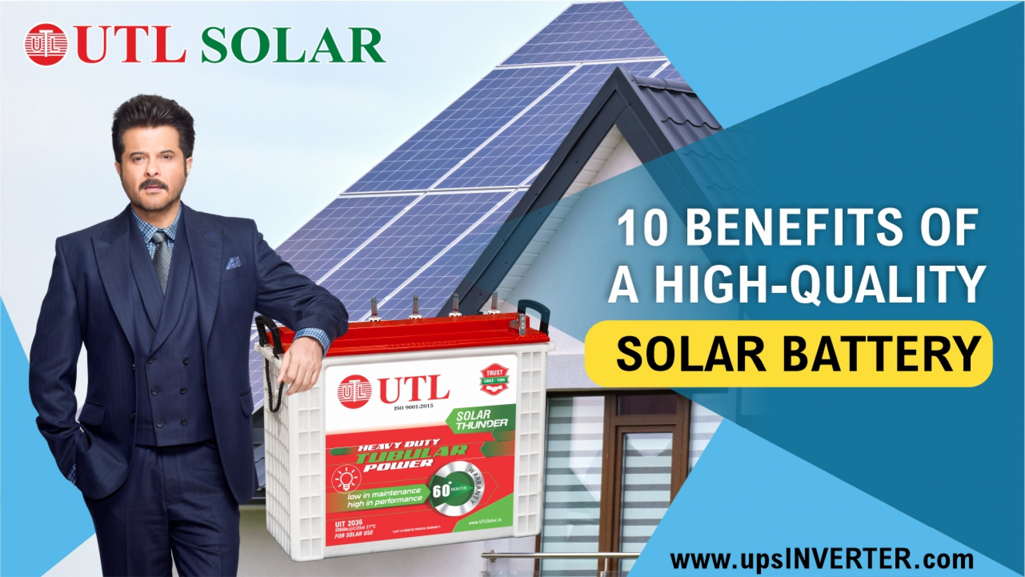 a person in a suit standing next to a high-quality solar battery