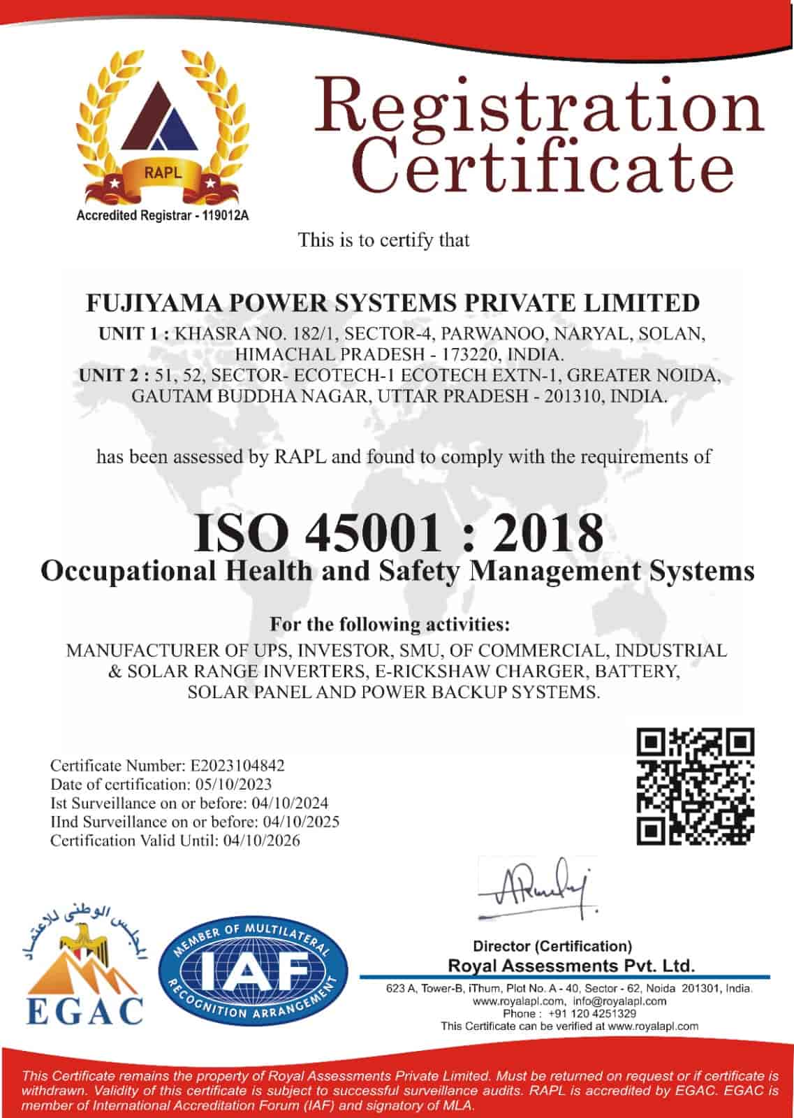 ISO 45001 : 2018 Certificate